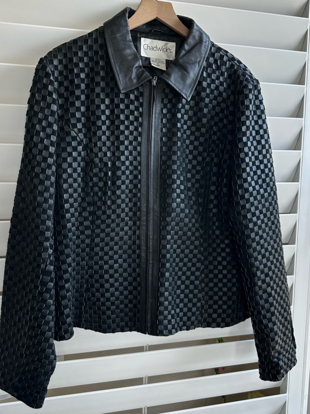 VINTAGE 90s Chadwicks Black Leather Woven Checker-Textured Zip Jacket Size-XL